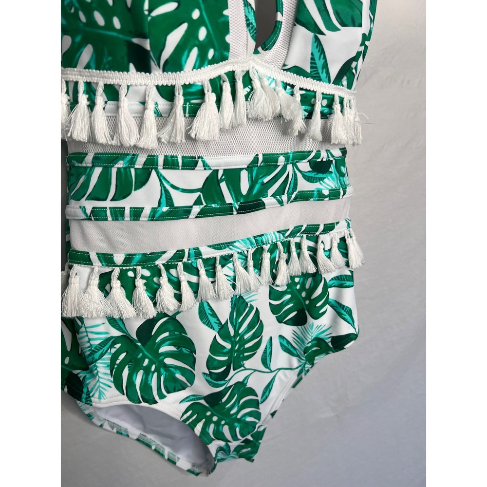 NWT Cocoship Green White Tropical Palm Print Halter Tassels Swimsuit Size 16 - Picture 3 of 10